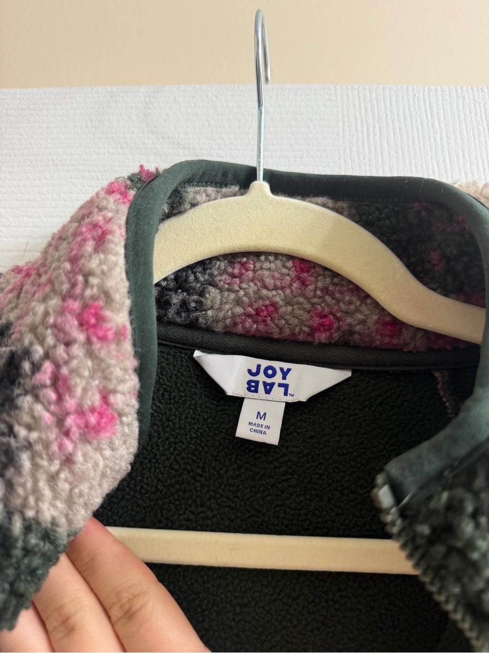 Women's Plush Sherpa Pullover Jacket in Green & Pink - Picture 3 of 4